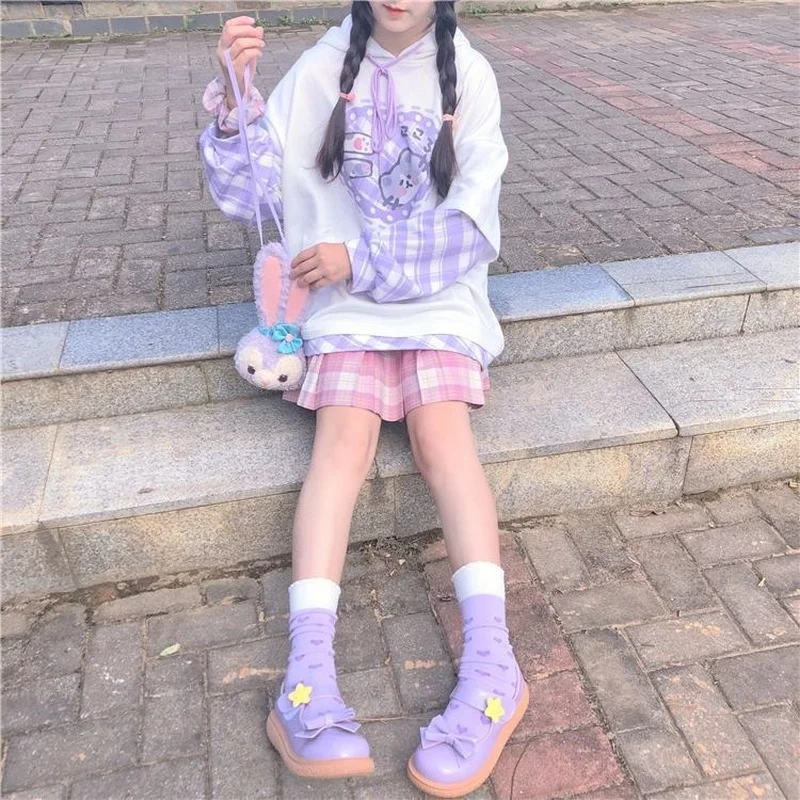 

Deeptown Japan Kawaii Soft Girl Sweety Shirts Patchwork Kawaii Splicing Pullover Full Sleeve Cartoon Printed Hooded Sweatshirts