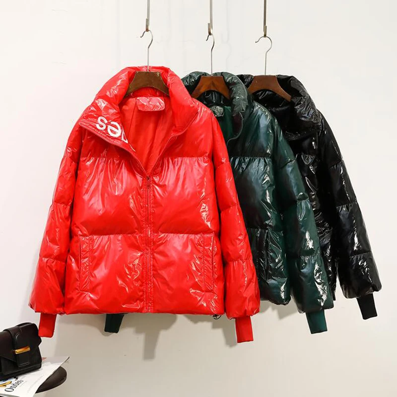 Белая куртка на утином пуху 2019 Глянцевая зимняя Женская водонепроницаемая