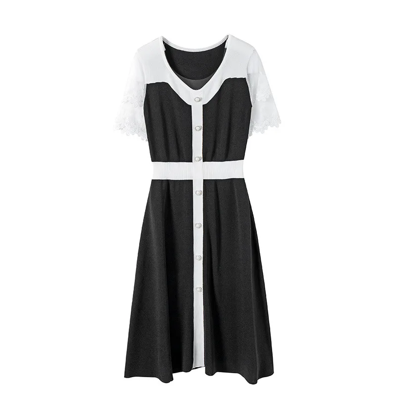 

Black Elegant Dress Women for Wedding Party High Quality Lace Patchwork Short Knitted Dress Ladies Party Dresses Women Evening