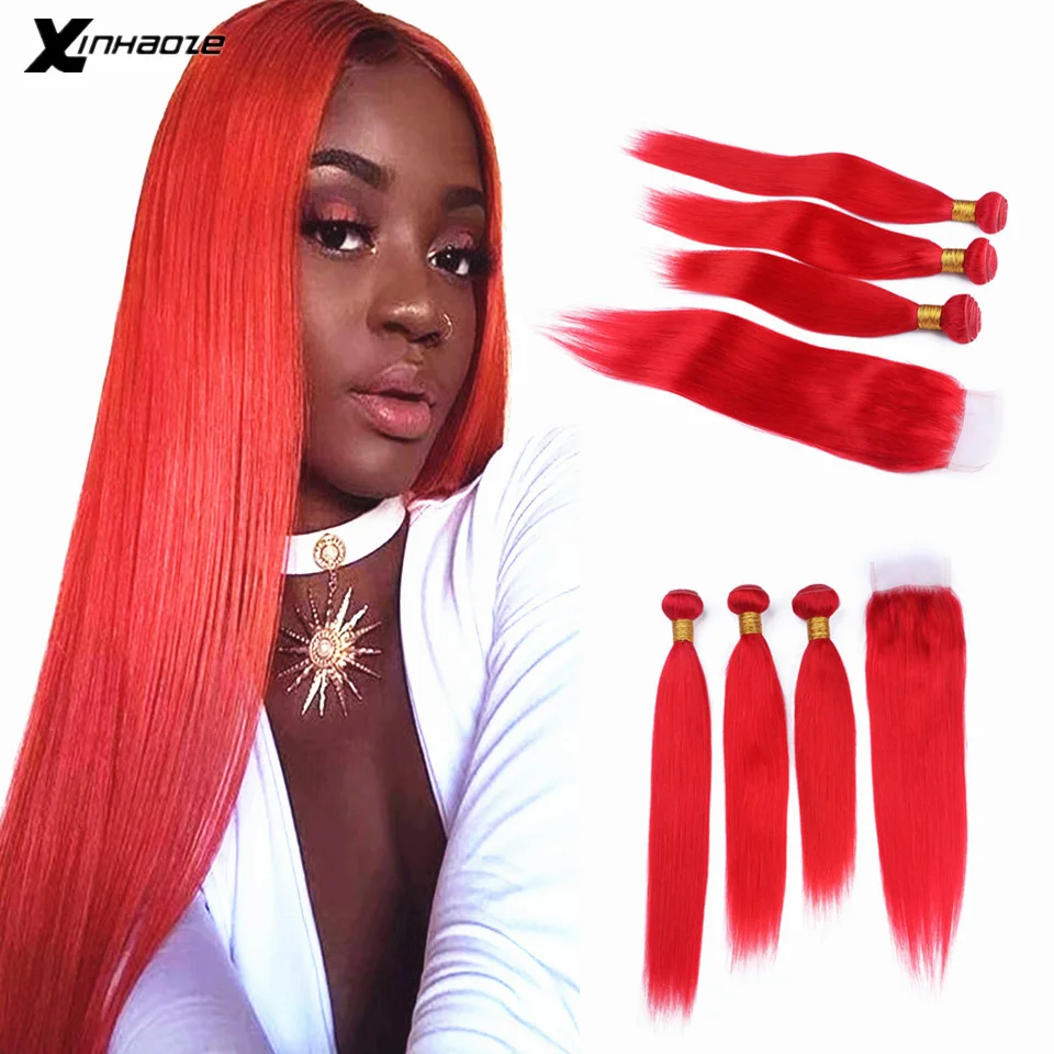 Малазийские прямые человеческие волосы с закрытием красный блонд плетение 3