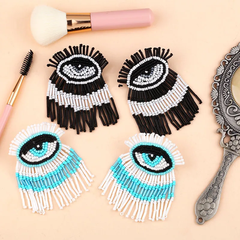 Женские серьги с бисером сглаза длинные ручной работы кисточками в стиле бохо