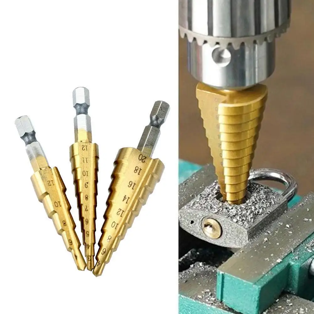 

3Pcs/set Step Drill Bit Set Hex Shank Cone Drill Titanium Bits Bit Drill Hole Cutter 3-12/4-12/4-20mm Countersink Metal Con J7Q4