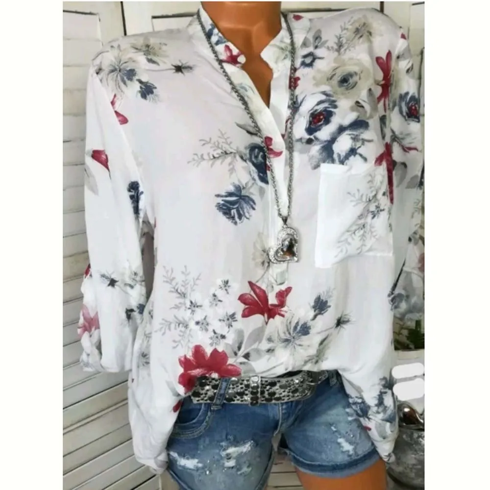 Женские блузки 2019 цветочный принт длинный рукав отложной воротник женская