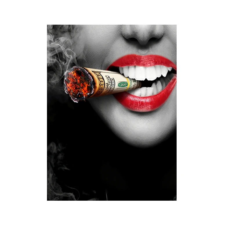 

Smoking Woman Red Lip Money Poster Printing Oil Painting Wall Pictures for Living Room Draw Core Frameless Mirrors