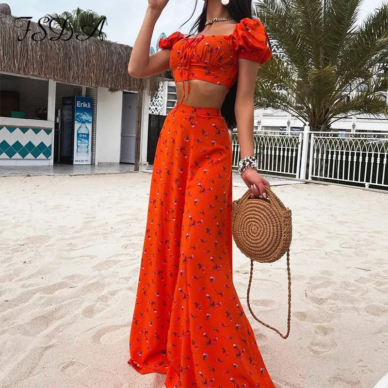 

FSDA 2021 Floral Print Beach Women Skirt Set Crop Top And Midi Skirts Long Party Two Piece Set Sexy Outfits Club