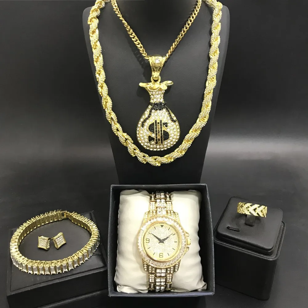 Роскошные мужские золотистые часы, ожерелье, браслеты, кольца и серьги, комплект с кубинским кольцом в стиле хип-хоп, цепочка-ожерелье