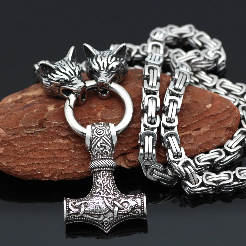 

Men Stainless Steel Nordic Wolf Necklace Viking Wolf Head Titanium Steel Thor's Hammer Pendant Emperor Chain Amulet Jewelry Gift