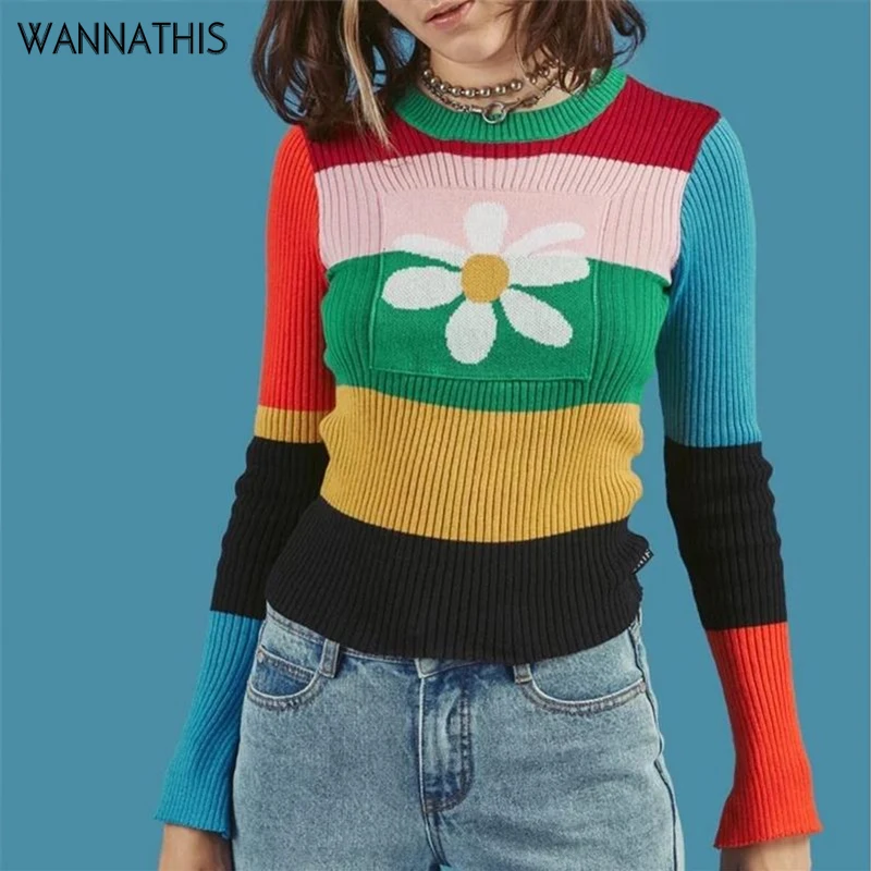 

Женский вязаный свитер в полоску с цветочным принтом WannaThis, осенне-зимний эластичный свитер с круглым вырезом, хлопковые топы разных цветов ...