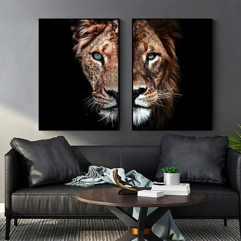 

Male Lion and Lioness Canvas Poster on The Wall Art Modern Home Living Room Decoration Paintings for Interior Picture Cuadros