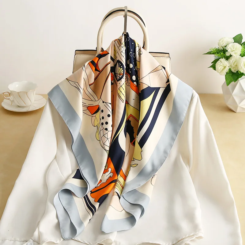 

90X90CM Exquisite Cartoon Printing Twill Large Square Scarf Spring And Summer New Silk Scarf Ladies Decorative Shawl Scarf Women