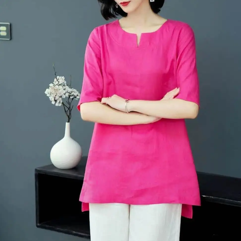 Plus size Tops Loose Cotton Linen Shirt Women Summer Blouses Short sleeve Solid color Elegant White Ladies Office Casual 4XL