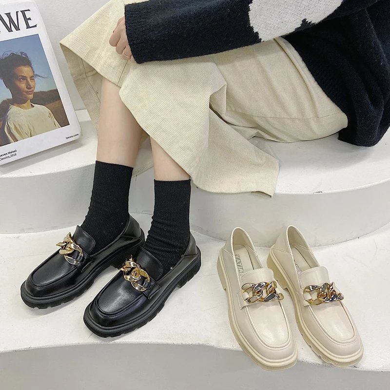 

Women Oxford Shoes 2021 Spring Platform Female British Style Vintage Black Leather Flats Casual Slip On Loafers Boat Shoes