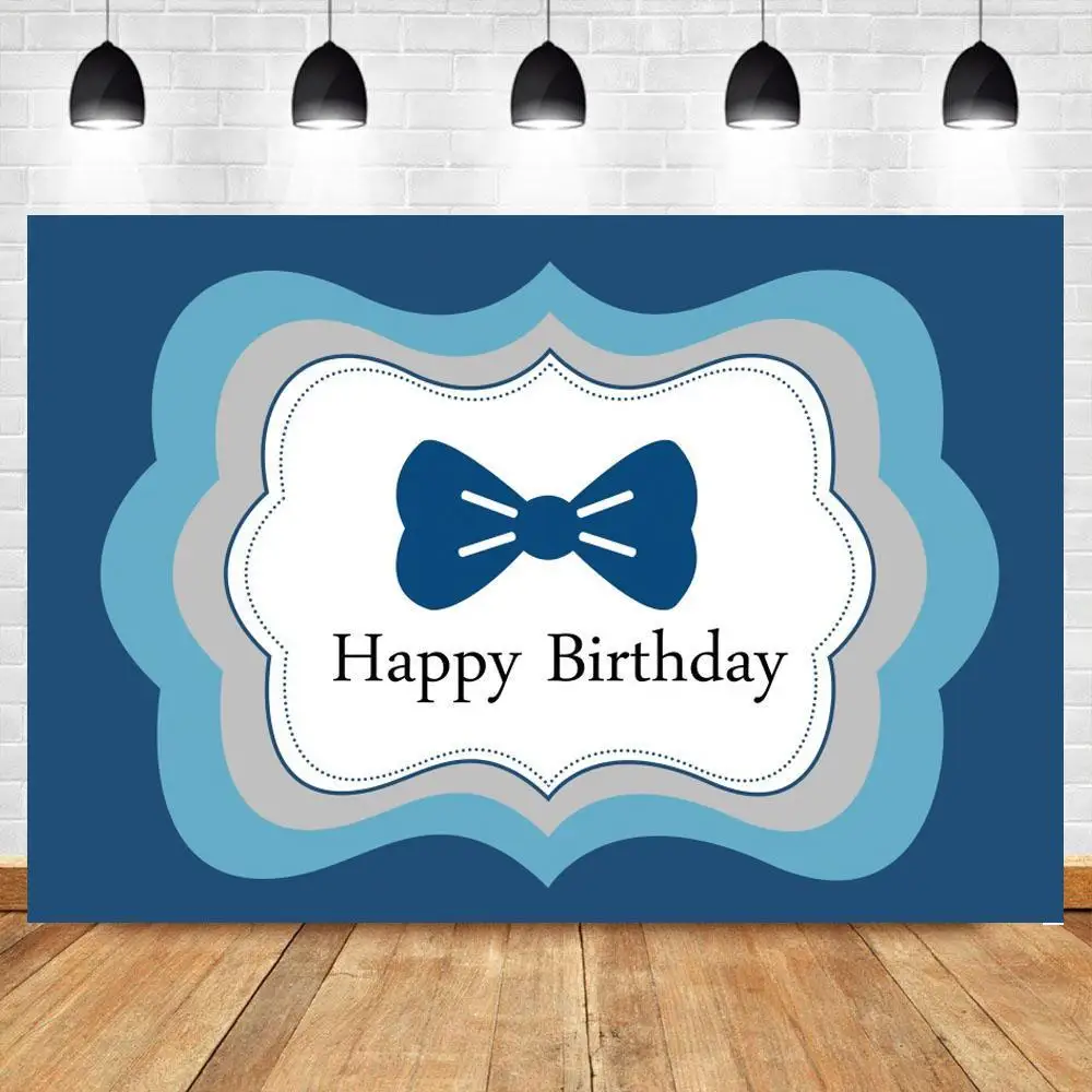 

Happy Birthday Bow Backdrop Photo Studio Tie Mustache Blue White Boy First Birthday Party Banner Photography Background Vinyl