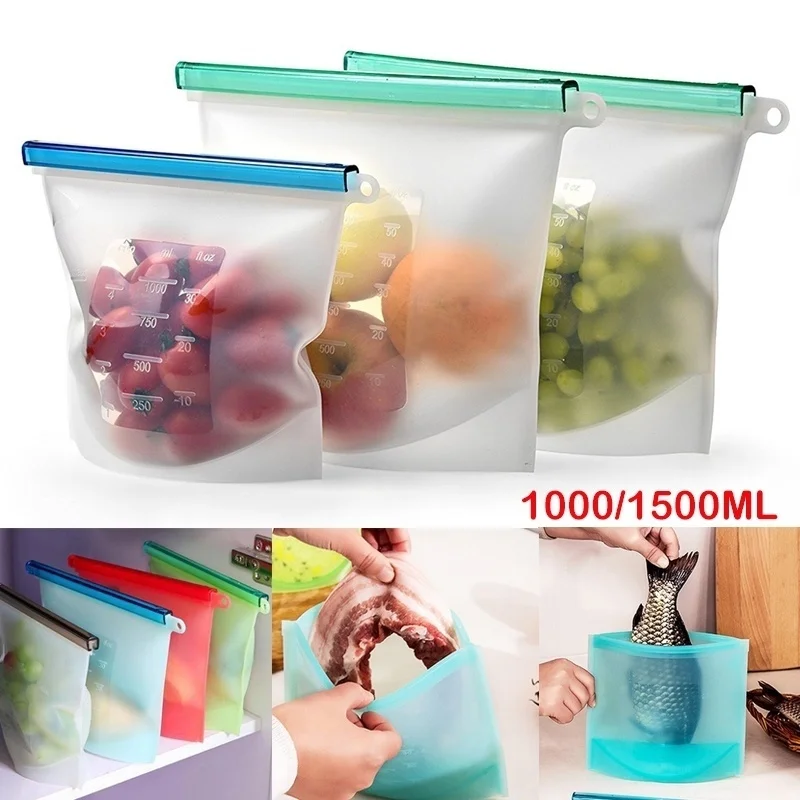 

Reusable Silicone Storage Bag Kitchen Food Sealing Bag Household Food Grade Silicone Fruit Meat Self-Sealing Kitchen Storage Bag