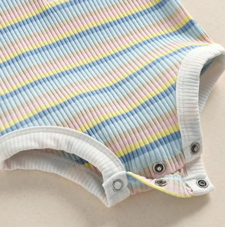 

Breathable Baby Girls Sleeveless Romper, Infant Summer Autumn Creative Colorful Horizontal Stripes Round Collar Jumpsuit
