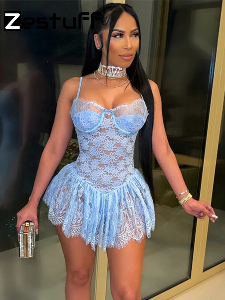

Прозрачное мини-платье Zestuff на бретельках с подкладкой, сексуальное Клубное платье, женская праздничная одежда, эластичное кружевное сексу...