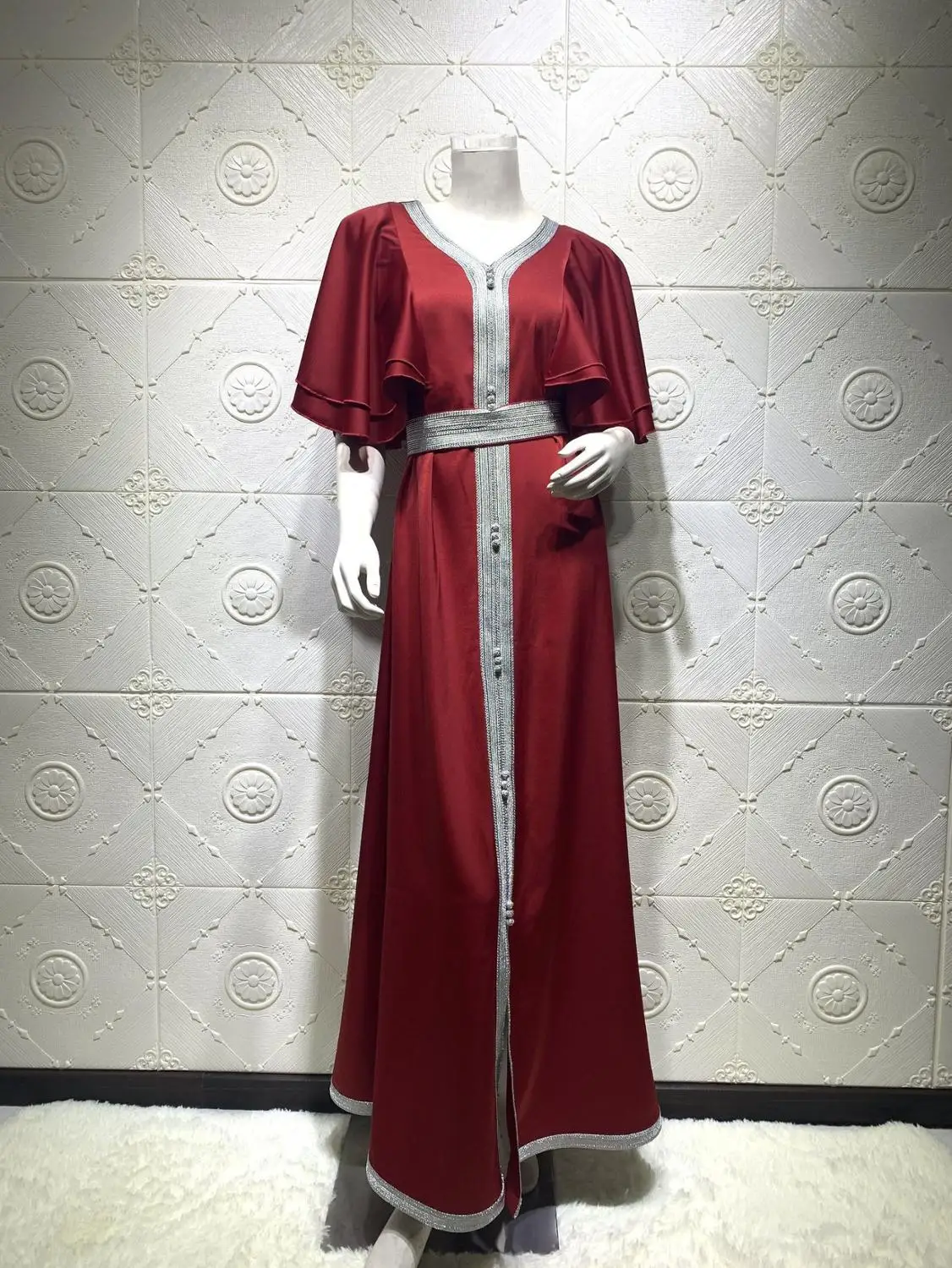 

Elegant Ribbon Muslim Dubai Arabic Moroccan Kaftan Maroon Ruffle Short Sleeve Maxi Dress 2020 Jalabiya Hijab Dress For Lady