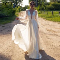 lorie satin beach wedding dresses sexy v neck lace bridal gowns long sleeve illusion open back bohemian bride dress plus size