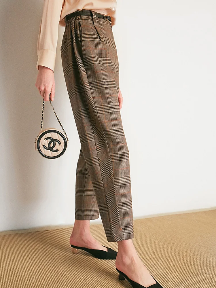 Осень 2019 винтажная клетчатая камвольная шерсть брюки женские|Брюки| |