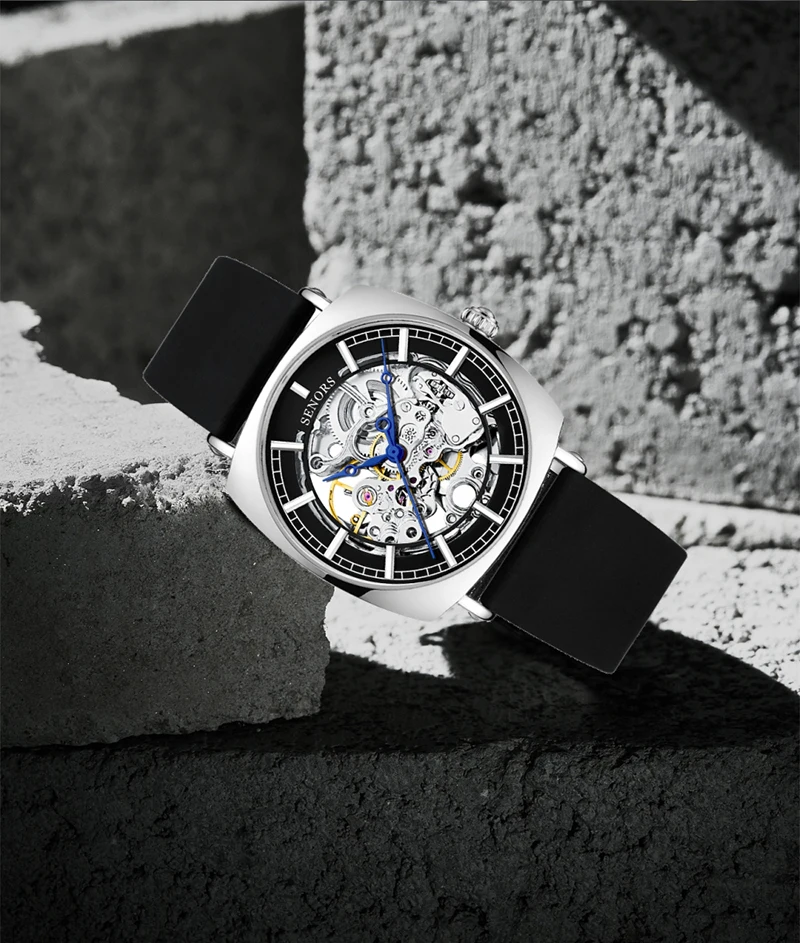 SENORS Новый Для мужчин часы циферблат Скелетон квадратные Водонепроницаемый