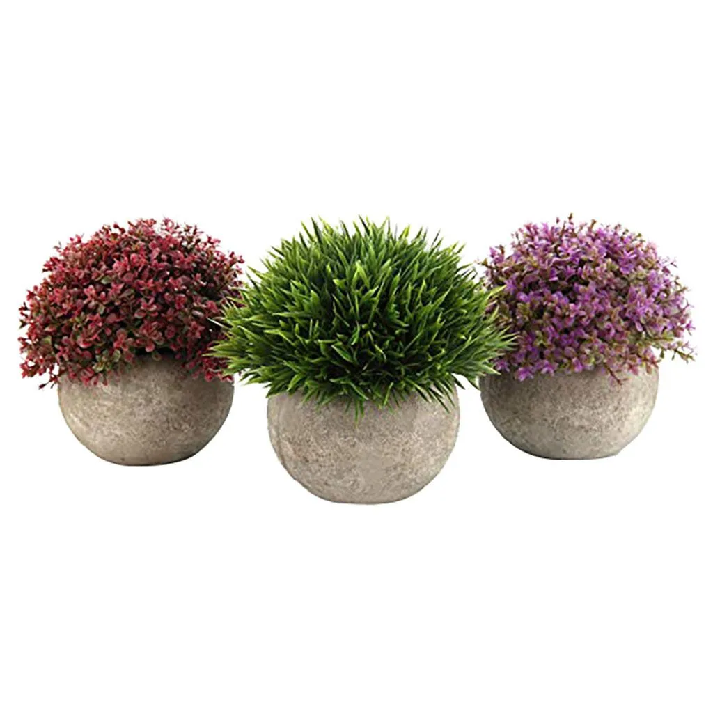 

Set Of 3 Artificial Green Grass Bonsai Art Plant With Gray Pot 12.5cm Artificial Potted Plants Minimalist