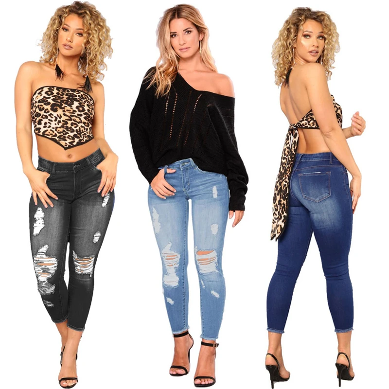 

Модные рваные джинсы для женщин, Стрейчевые облегающие потертые джинсовые брюки, женские облегающие джеггинсы, летние брюки-карандаш