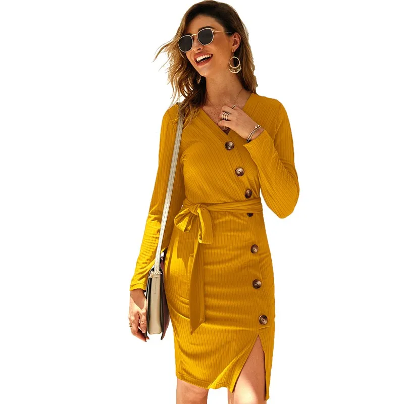 трикотажное облегающее платье осень 2019 женское с длинным рукавом повседневное