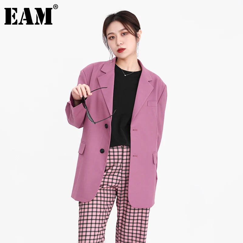 

[EAM] Женский Красный Блейзер большого размера с разрезом сзади, новая свободная куртка с отворотом и длинным рукавом, модная демисезонная 2022 ...