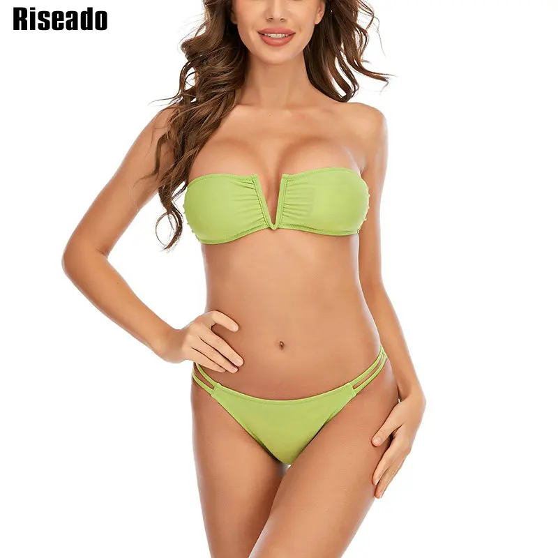 

Riseado Sexy Bandeau Bikini V-neck Women's Swimsuit Ruched Swimwear Micro Thong Biquini 2021 New Bathing Suit Cut Out Beachwear