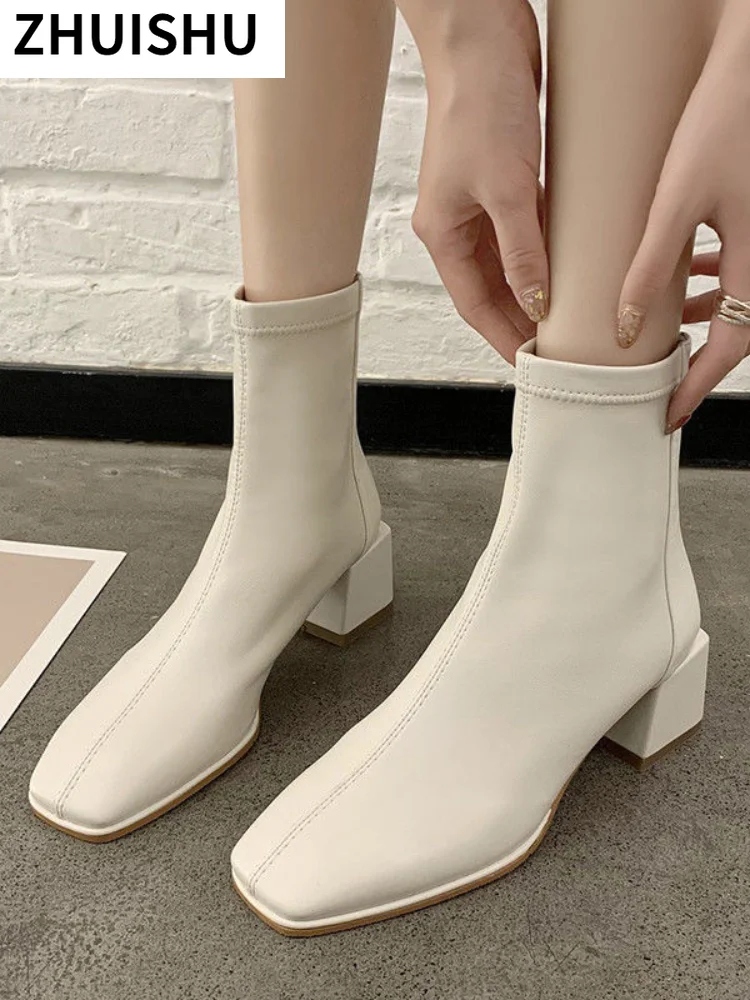 

Thick-heeled Soft Leather Thick Short Boots Women's Winter Plus Velvet 2021 Autumn New Mid-heel Small Thin Thin Leather Boots