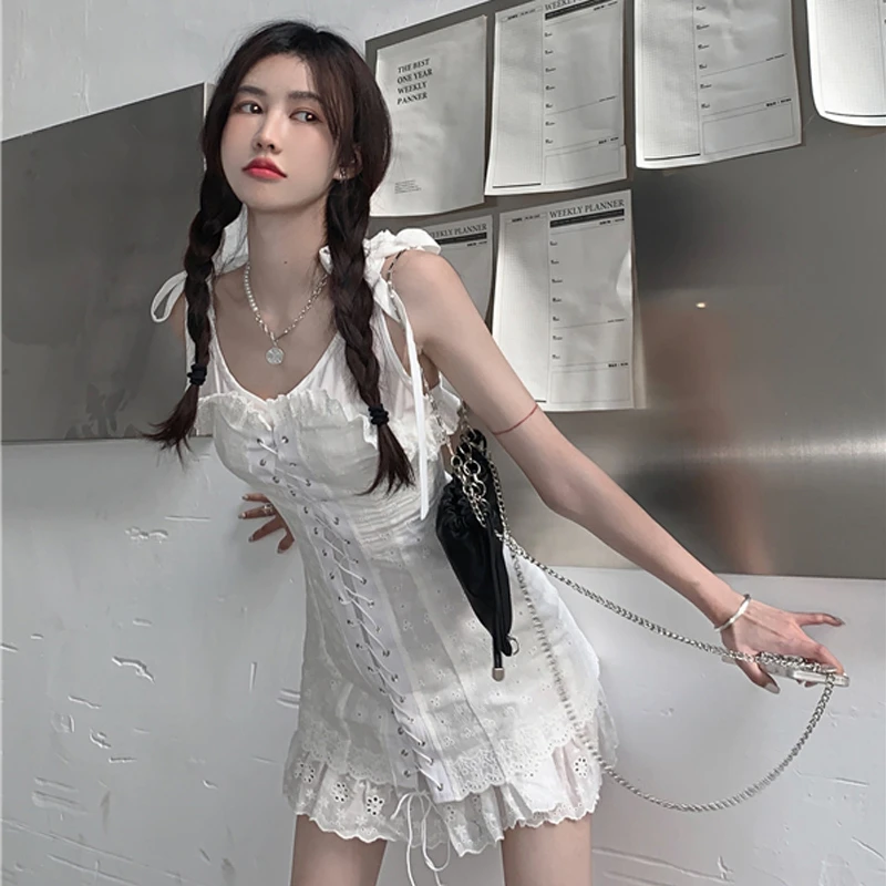 

Fashion Elegant Cute Sweet Lace Up White Women Dress Summer New V Neck A-Line Sling Mini Dress A390