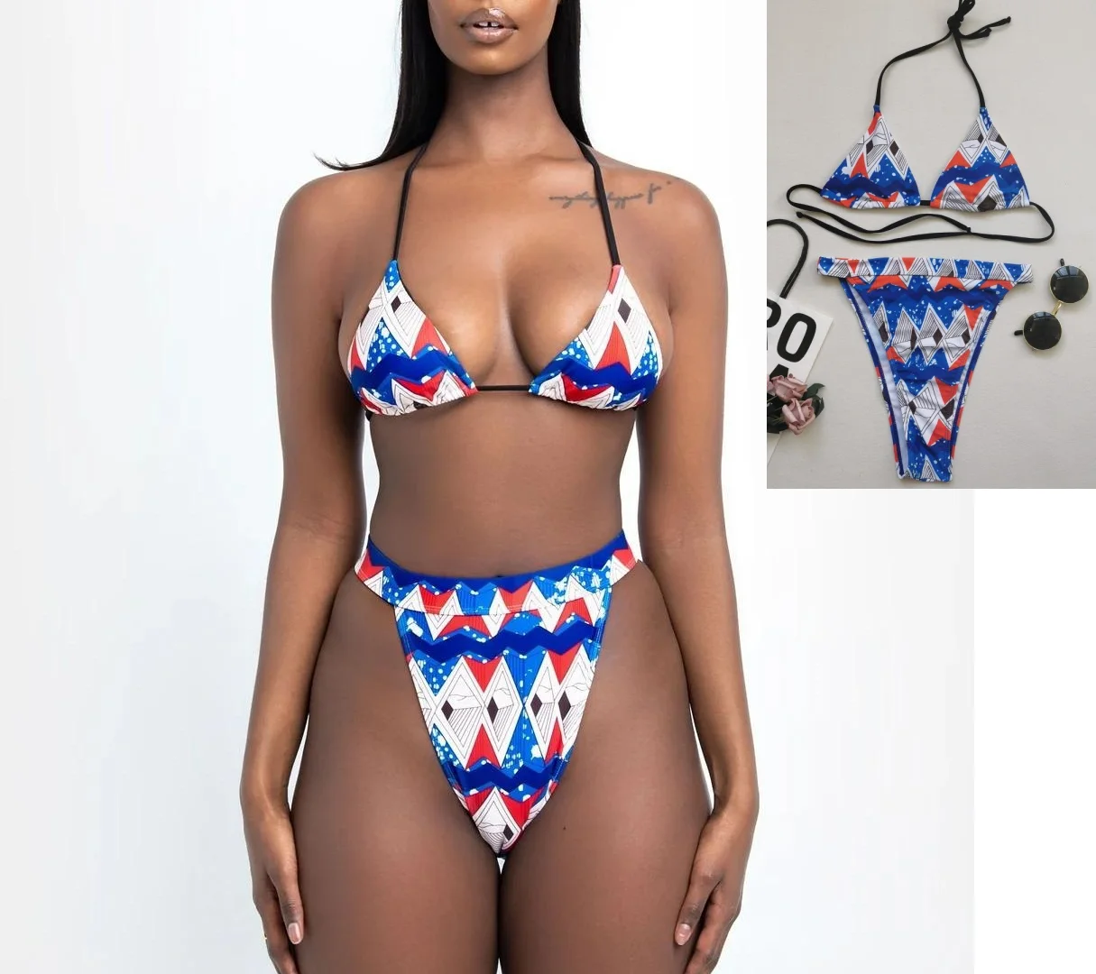 

2021 Summer Ladiess Geometry Printing 2Pcs Bikini Suit, Split Style Drawstring Backless Halter Tops with Triangle Bottoms
