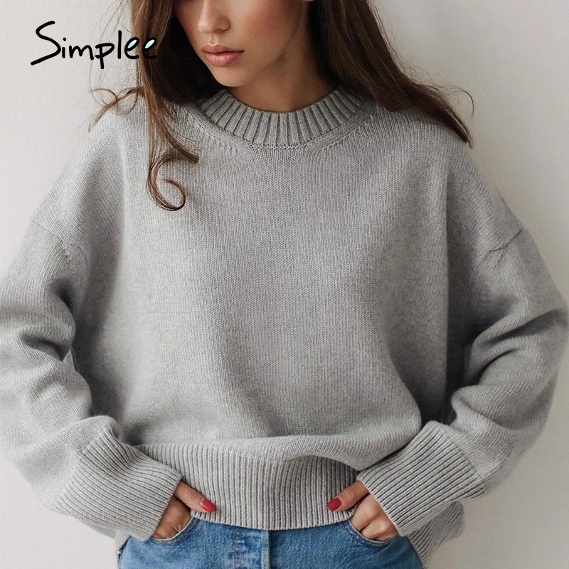 Simplee Elegant Khaki women's sweater O-neck loose soft autumn winter Pullover High street style long sleeve knitted | Женская