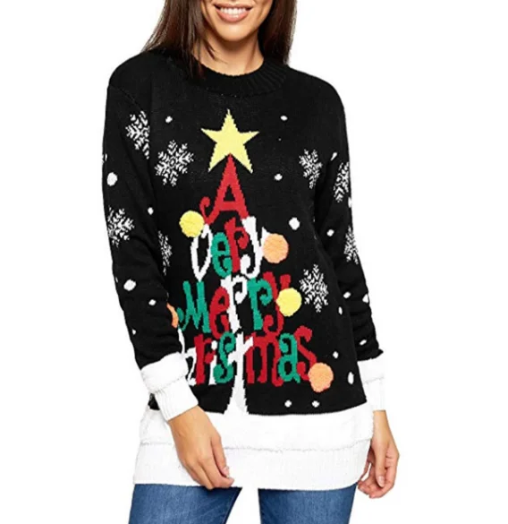 Christmas Sweater Women Fashion Letter Jacquard Loose Large Size Knit Set Head Pullover Santa snowflake Womens Sweaters | Женская одежда