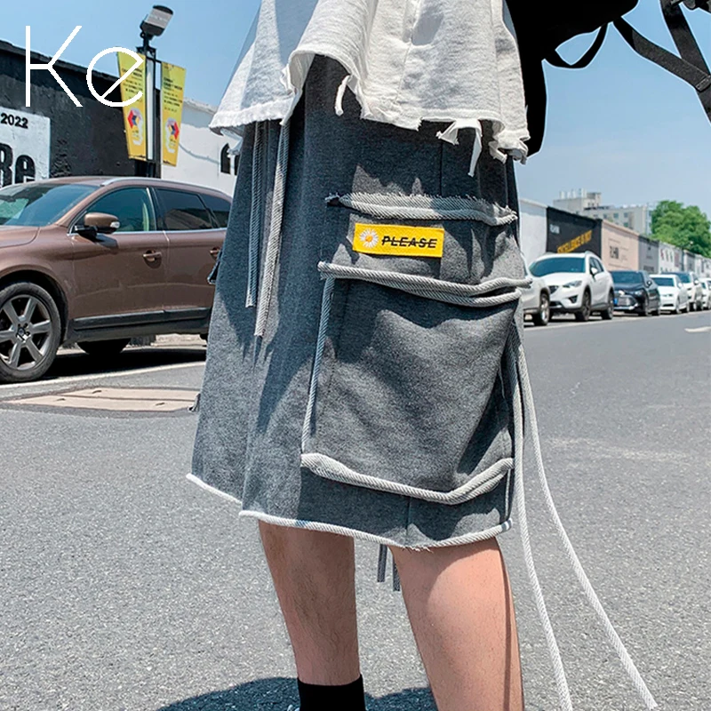 

KE Summer new casual pants men's trendy big pocket overalls shorts 2021 Hong Kong style loose fashion sports five-point pants