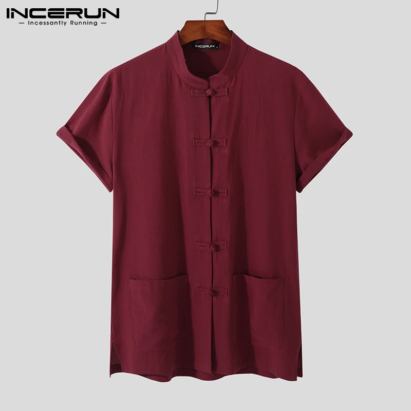 

INCERUN Chinese Style Men Shirt Solid Color Mandarin Collar Cotton Vintage Tang Suit Button Short Sleeve 2021 Casual Men Clothes