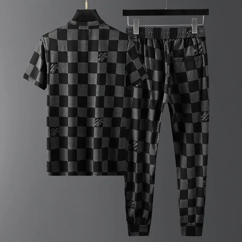 2021 Summer Plaid Suit Boys' Trend Match Handsome Leisure Ice Silk Short Sleeve Clothes Men's Thin Summer Dress