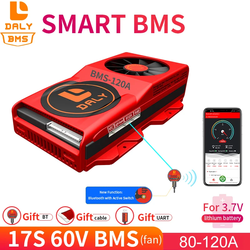 

Daly 18650 smart BMS 17S 60V 100A 120A Bluetooth 485 to USB device NTC UART software togther Lion LiFepo4 Battery BMS With Fan