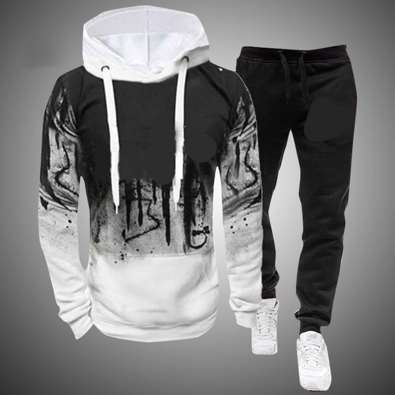 

2 Pieces Tracksuit Men Autumn Splash Ink Hooded Sweatshirt+Pants Drawstring Hoodie Men Sportwear Suit Casual Fashion Male Set