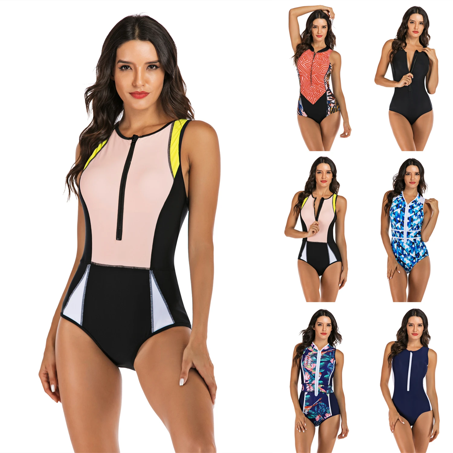 Женский слитный купальник без рукавов с цветочным принтом на молнии высокой