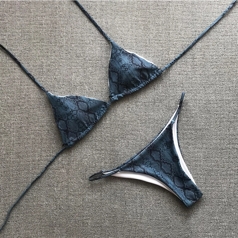 

2021New Swimwear Sexy Bikini Women Snake Skin Print Solid Color Triangle Tie Sexy Two Piece Beach Swimsuit Womens Summer