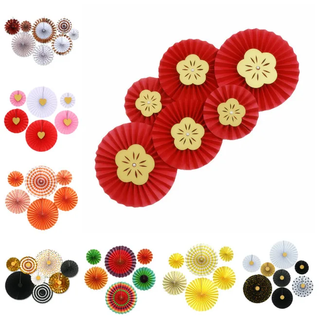 

6/8pcs Chinese Printing Vintage Wheel Tissue Paper Hanging Fans Flower Craft For Birthday Party Wedding Baby Shower Decoration