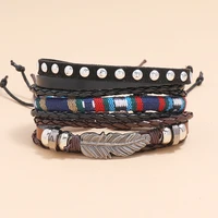 ajc mens vintage multilayer braided leather bracelet feather bead pull leather bracelet diy combination womens bracelet