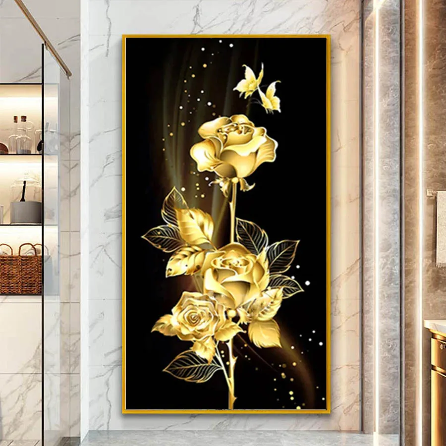 

5D алмазная живопись «сделай сам», Золотая Роза, полная вышивка, квадратные/круглые алмазы, вышивка, цветок, вход, настенные украшения, Набор ...