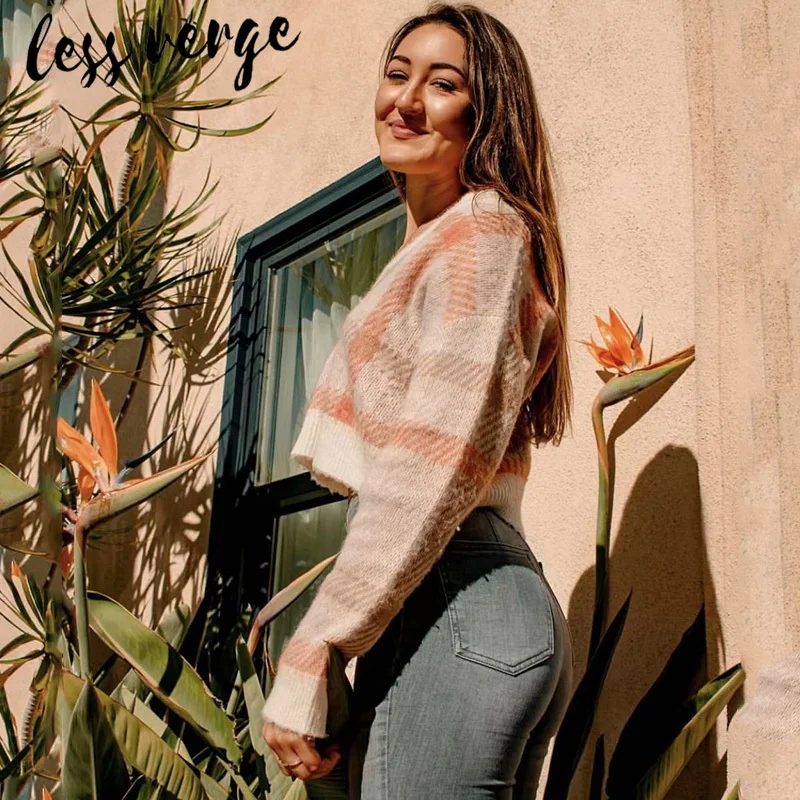 Lessverge Plaid sexy knitted crop top sweater Women v neck casual streetwear short pullover Autumn winter fashion jumpers ladies | Женская