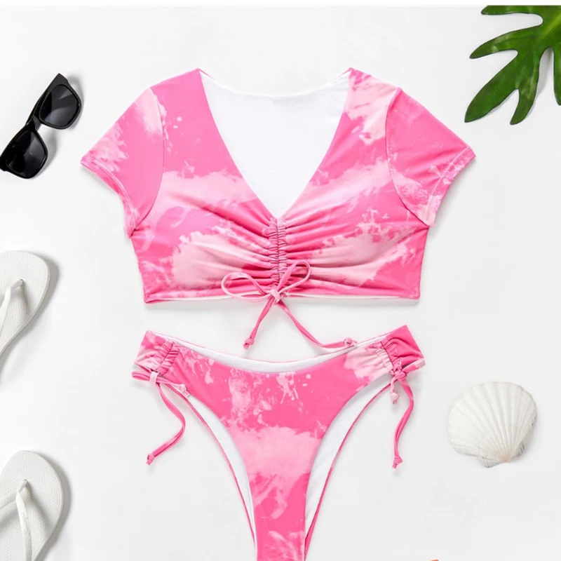 Женский купальник бикини градиентной расцветки красный зеленый белый