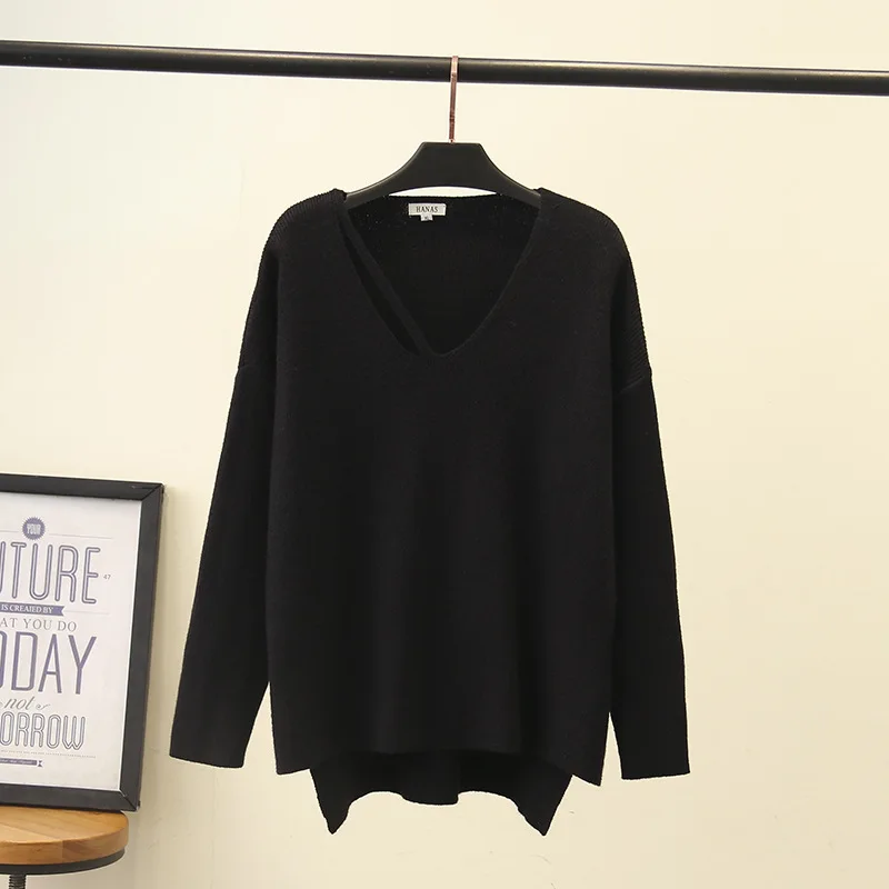 

Large-Size Women's Fall and Winter Sweaters 2019 New Long Sleeve Loose Thin V Collar Sweater Plus Size Pure Color Pullover