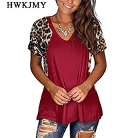 summer women fashion casual leopard off shoulder short sleeved tops v neck tees ladies cotton t shirt loose shirts