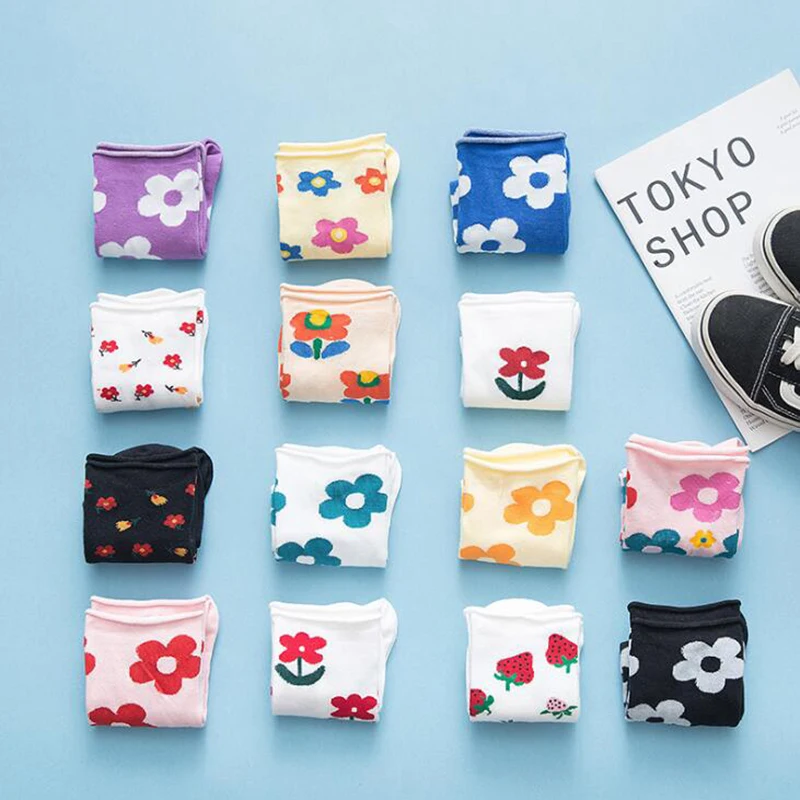 Цветок в Корейском стиле носки с изображением клубники женские милые длинные