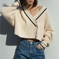 women korean lazy style patchwork knitted sweaters autumn winter cardigan fashion long sleeve v neck loose casual all match tops